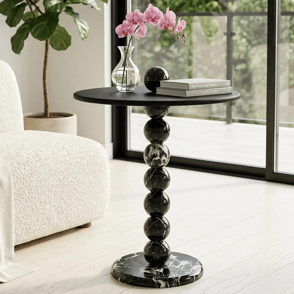 Sculptural Marble Side Table With Orb Column Base for Sofa Corners