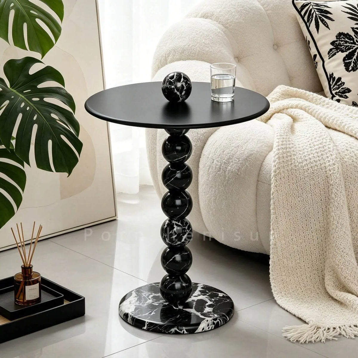 Sculptural Marble Side Table With Orb Column Base for Sofa Corners