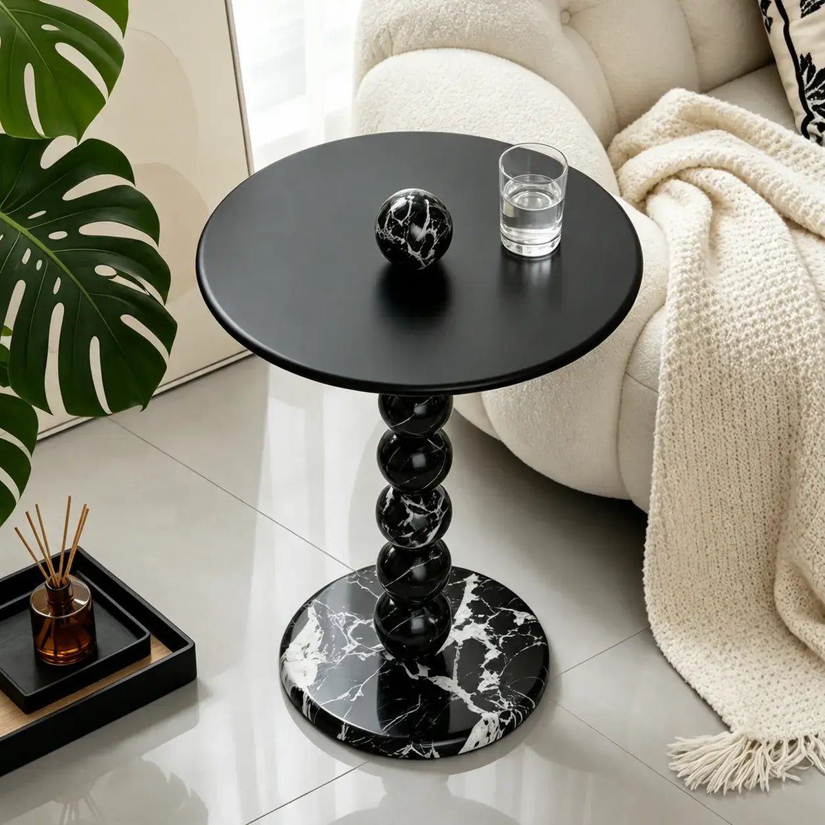 Sculptural Marble Side Table With Orb Column Base for Sofa Corners