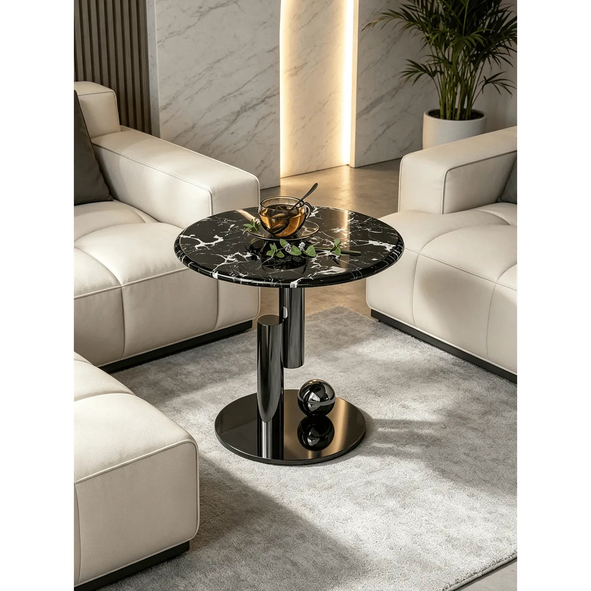 Sculptural Marble Side Table with Stainless Steel Base and Round Pedestal