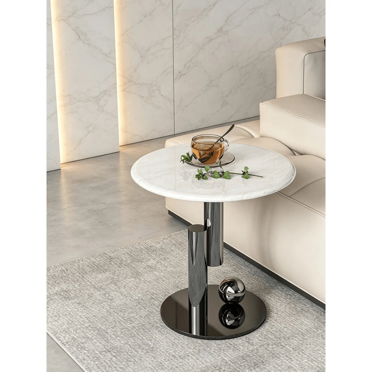 Sculptural Marble Side Table with Stainless Steel Base and Round Pedestal
