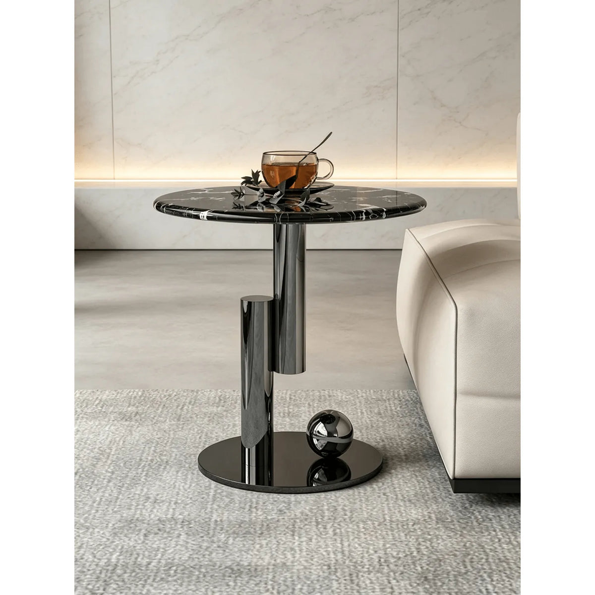 Sculptural Marble Side Table with Stainless Steel Base and Round Pedestal