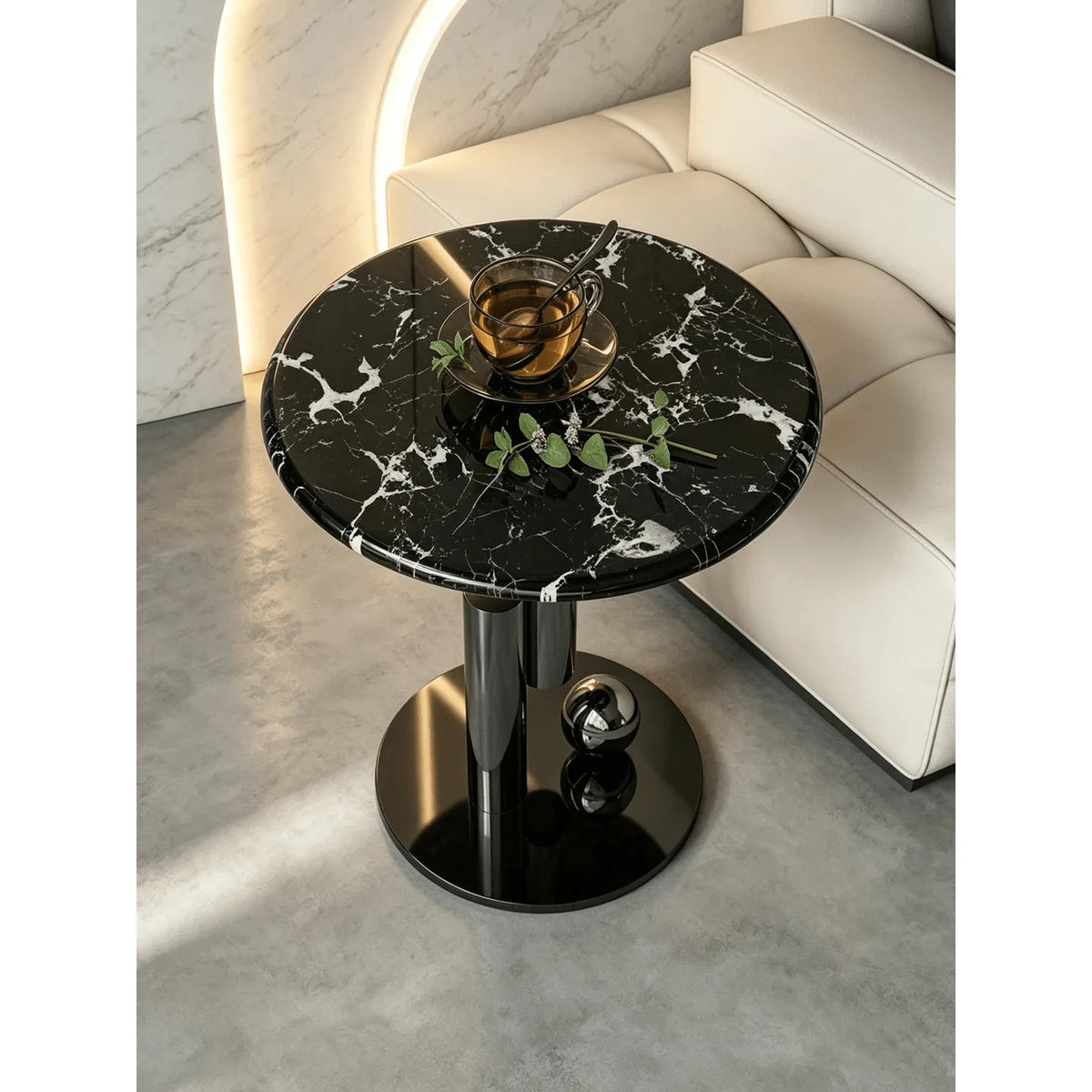Sculptural Marble Side Table with Stainless Steel Base and Round Pedestal