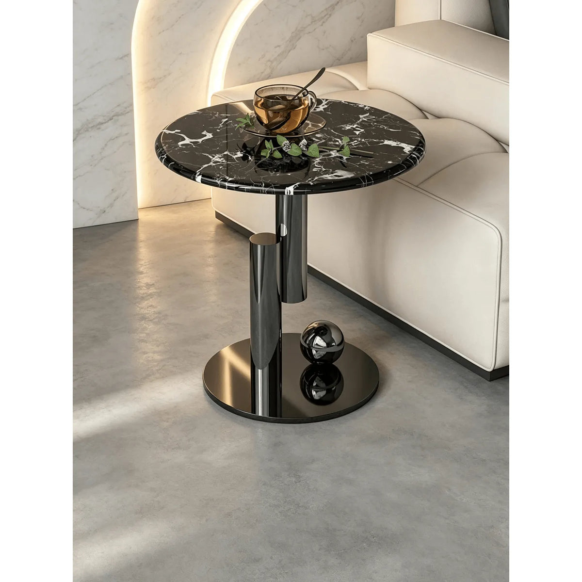 Sculptural Marble Side Table with Stainless Steel Base and Round Pedestal Main Product Image