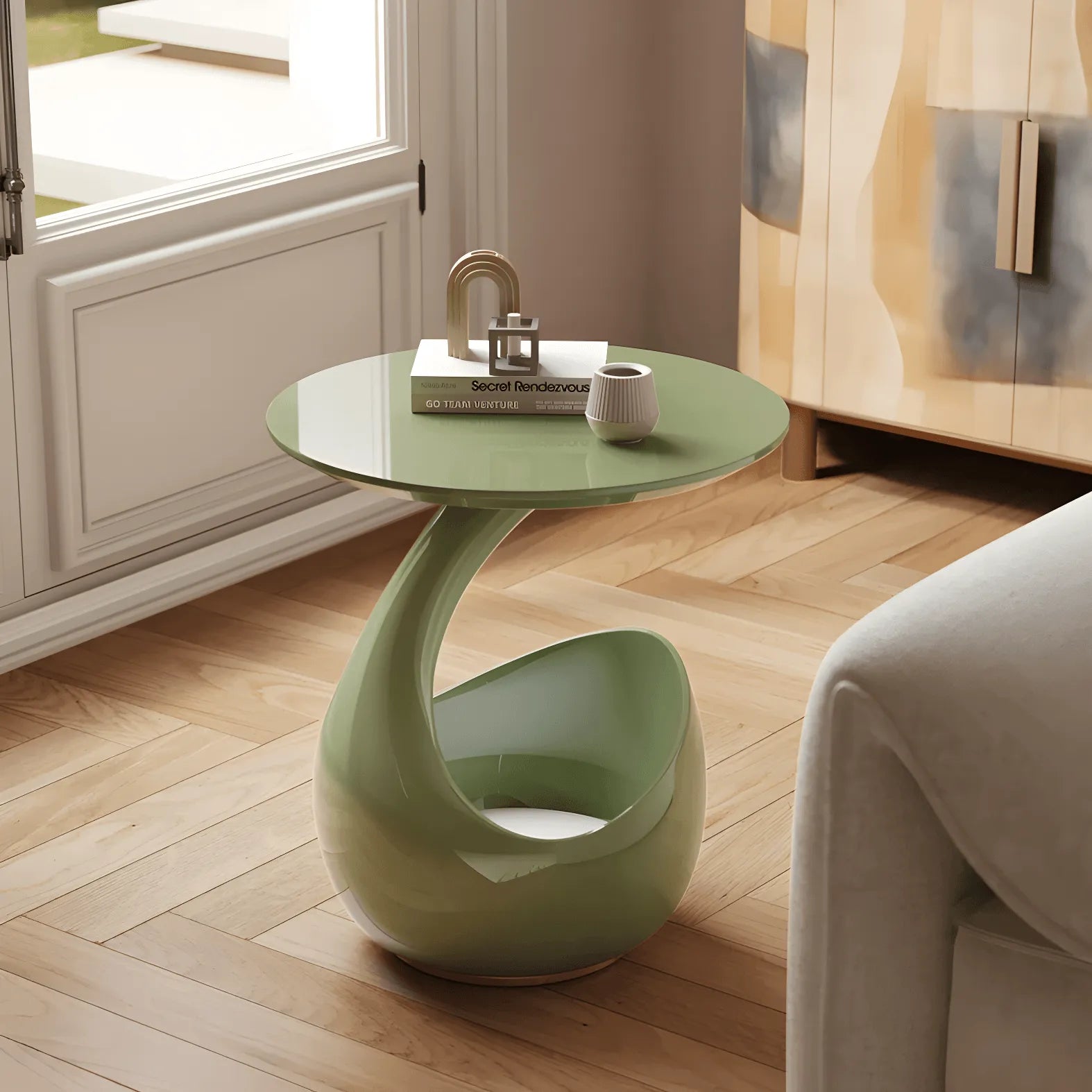 Sculptural Matcha Lacquer Multifunctional Pet-Friendly Side Table