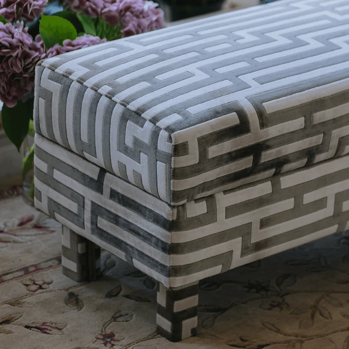 Sculptural Maze Bench in Gray and White with Wrapped Silhouette
