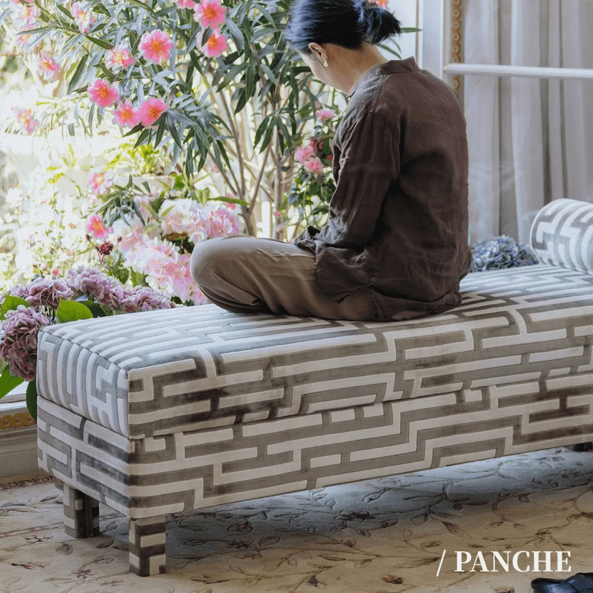 Sculptural Maze Bench in Gray and White with Wrapped Silhouette