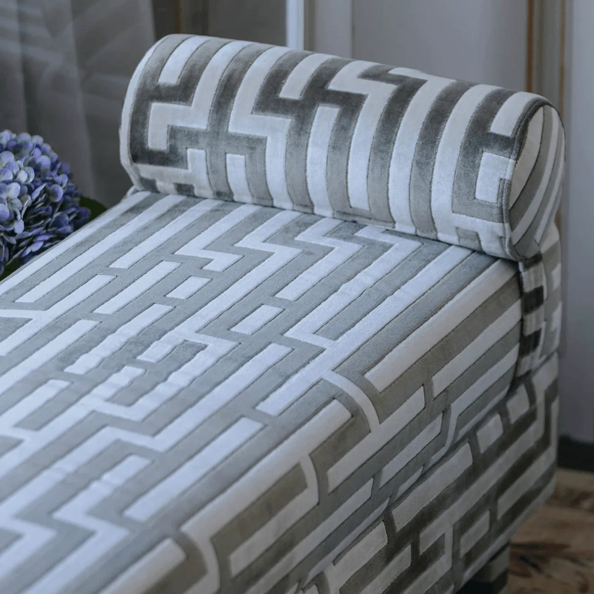 Sculptural Maze Bench in Gray and White with Wrapped Silhouette