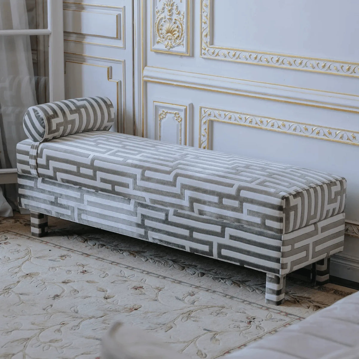 Sculptural Maze Bench in Gray and White with Wrapped Silhouette Main Product Image