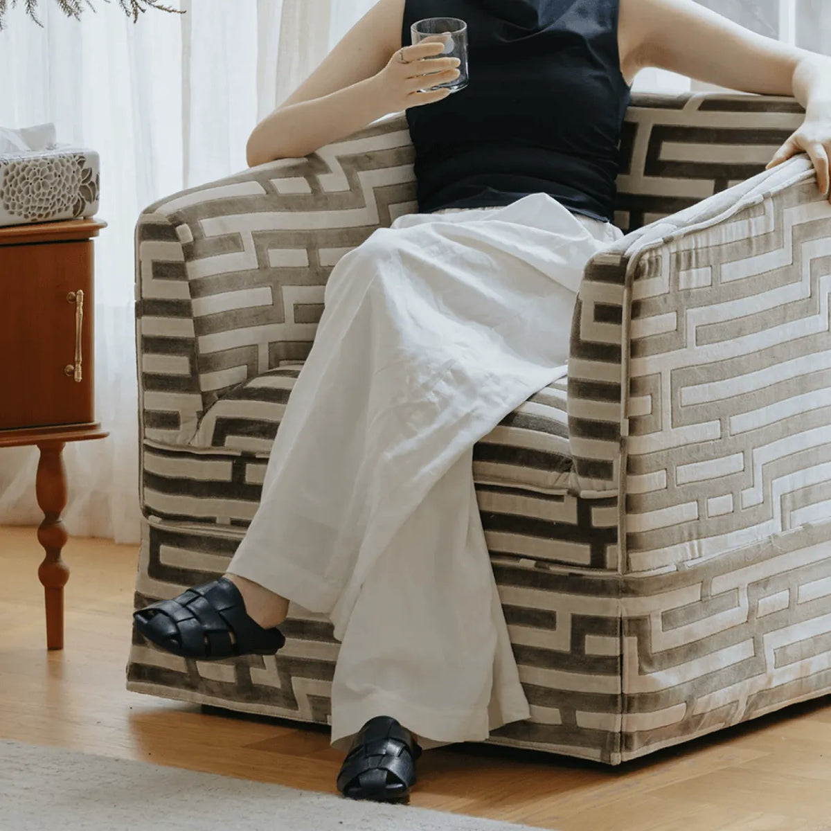 Sculptural Maze Velvet Accent Chair with Low Profile Retro Form