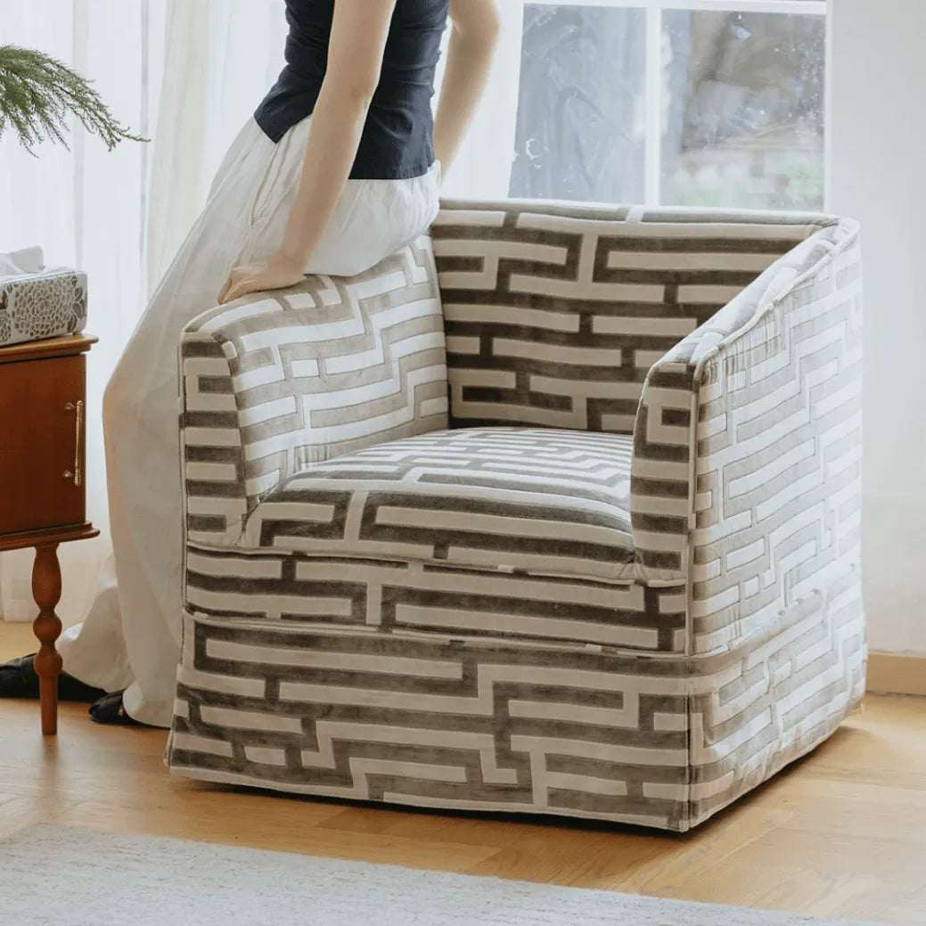 Sculptural Maze Velvet Accent Chair with Low Profile Retro Form