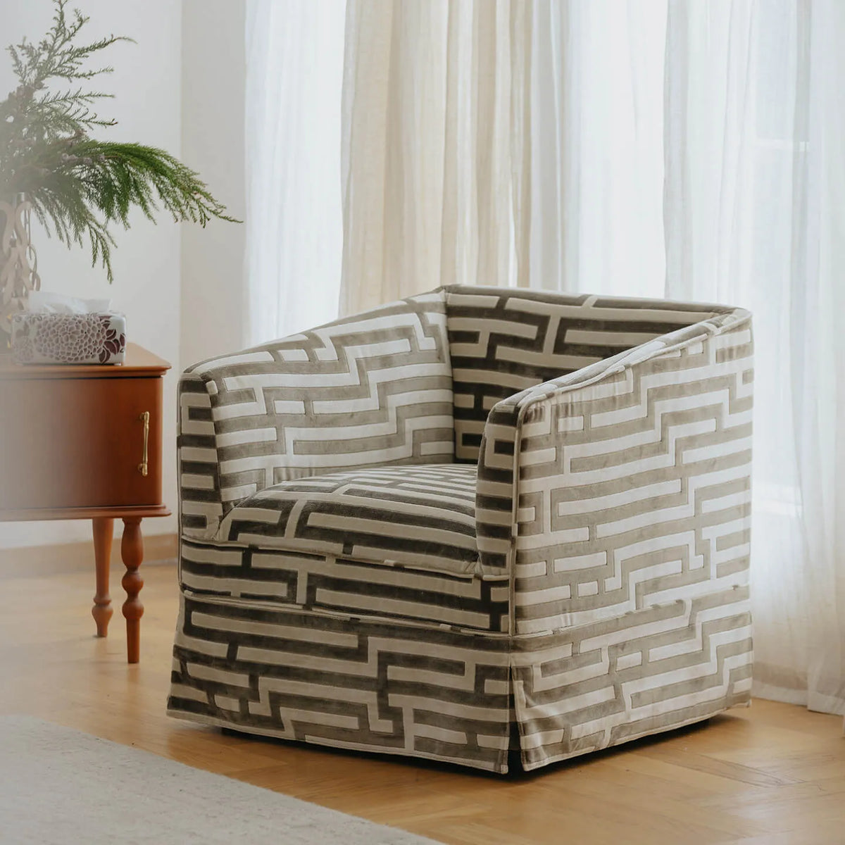 Sculptural Maze Velvet Accent Chair with Low Profile Retro Form
