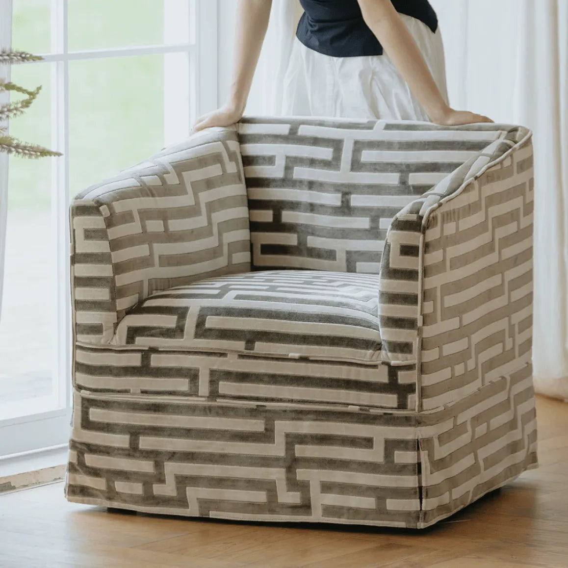 Sculptural Maze Velvet Accent Chair with Low Profile Retro Form