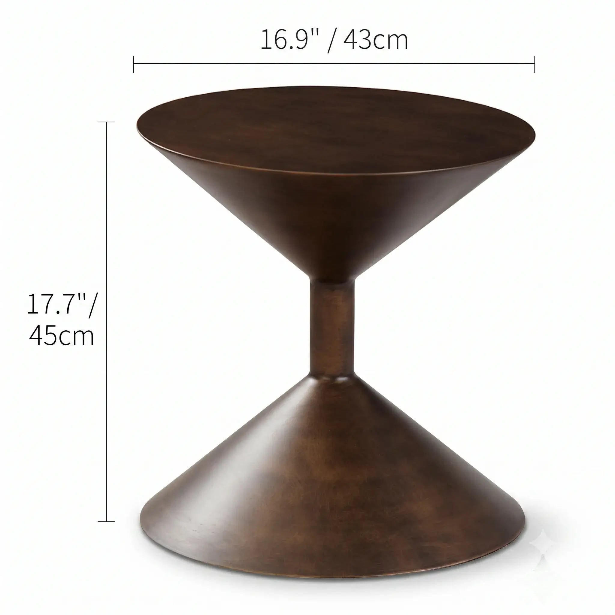 Sculptural Metal Hourglass End and Side Table in Matte Black or Antique Bronze Dimensions