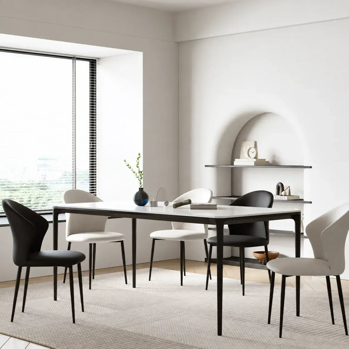 Sculptural Microfiber Leather Dining Chair Series with Curved Back