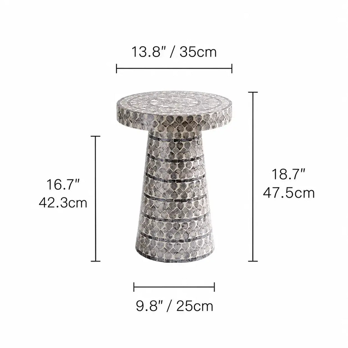 Sculptural Mosaic Mother of Pearl Side Table for Sofa and Reading Nooks Dimensions
