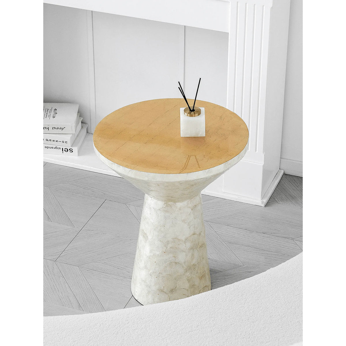 Sculptural Mother of Pearl Side Table with Gold Leaf Edge, Cream Accent