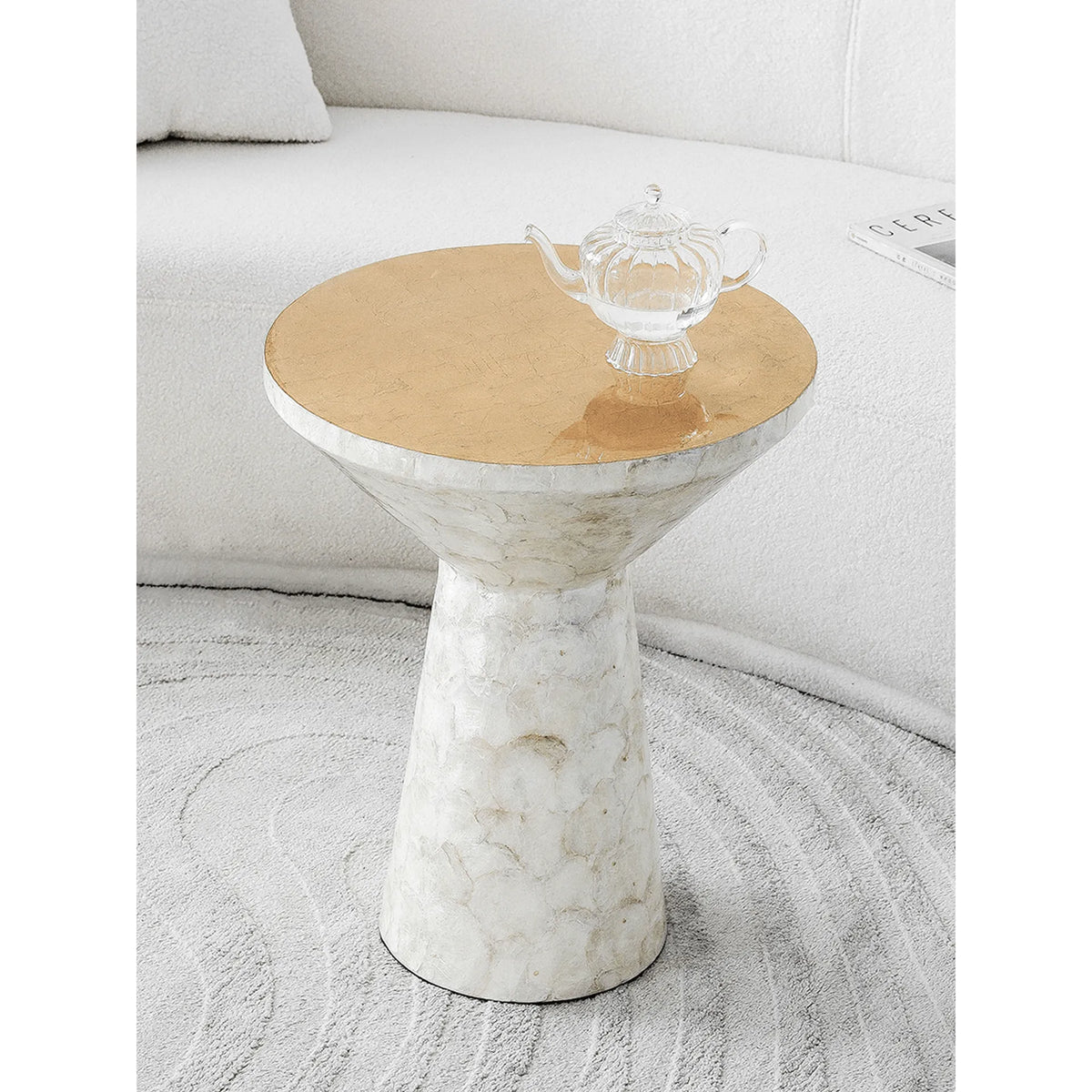 Sculptural Mother of Pearl Side Table with Gold Leaf Edge, Cream Accent