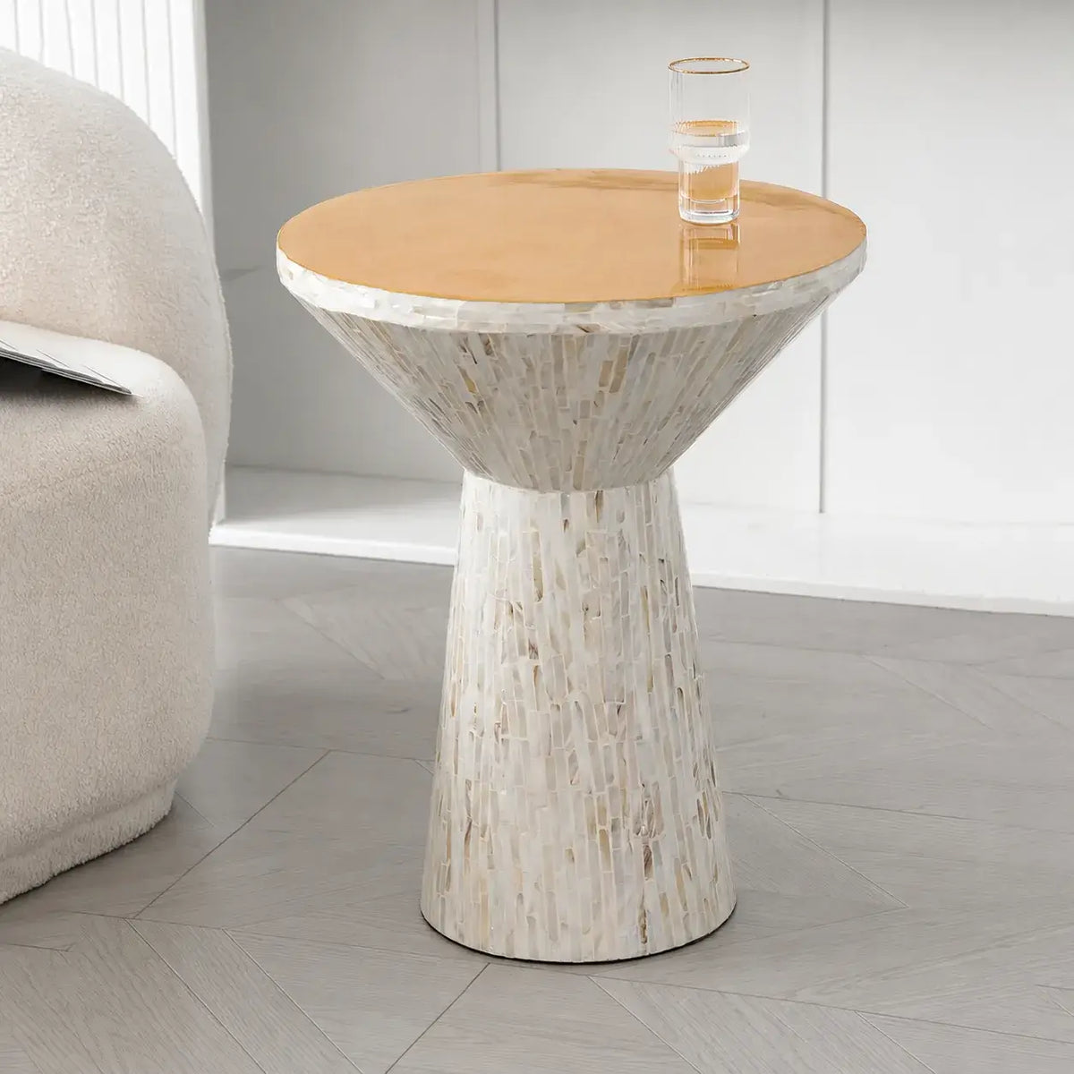 Sculptural Mother of Pearl Side Table with Gold Leaf Edge, Cream Accent