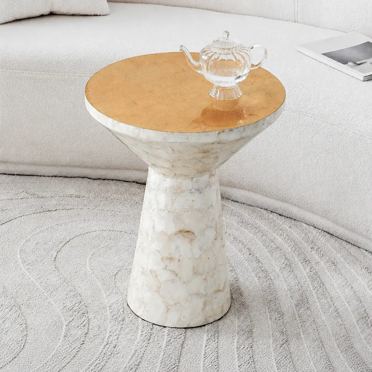 Sculptural Mother of Pearl Side Table with Gold Leaf Edge, Cream Accent