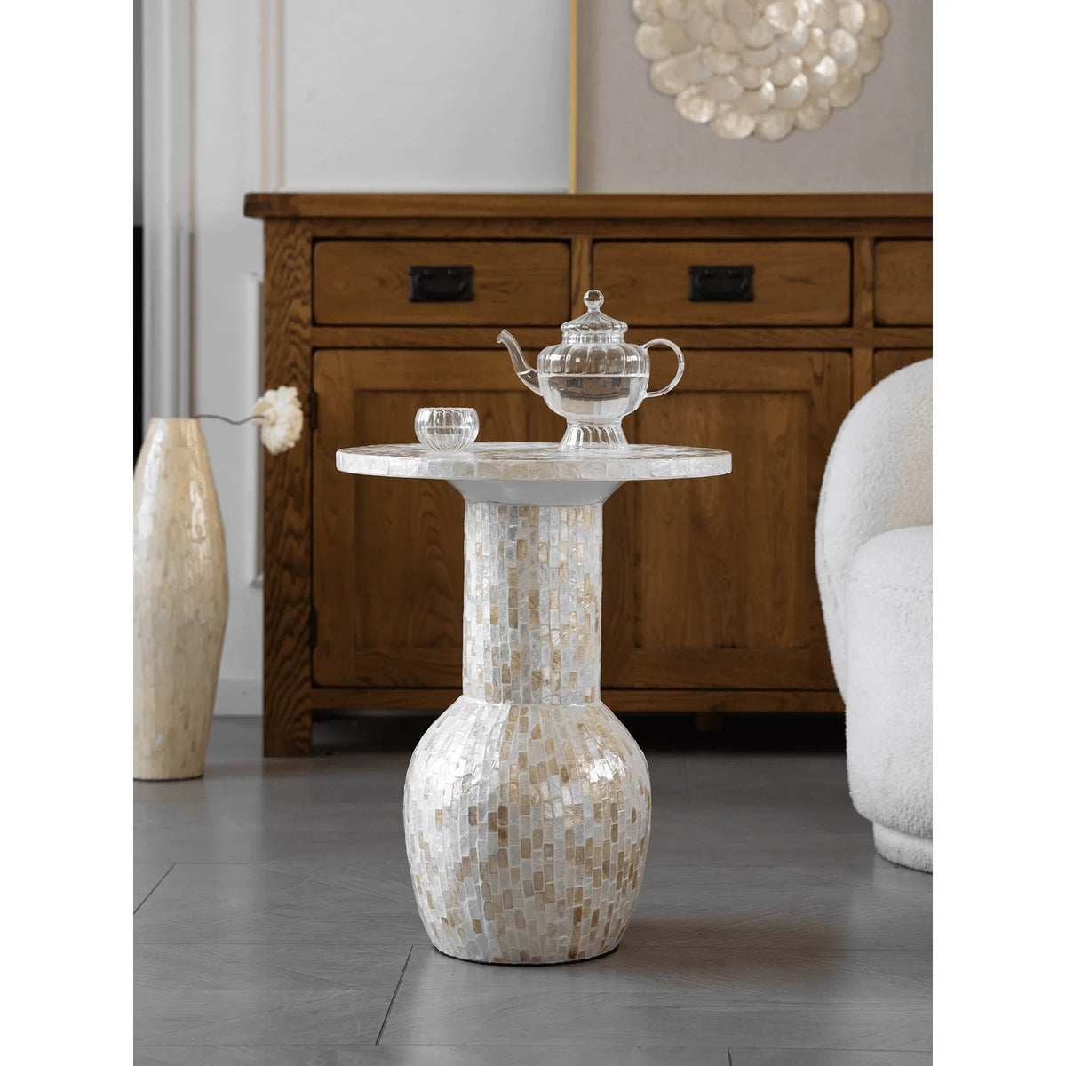 Sculptural Mother of Pearl Side Table With Hand-Laid Mosaic Glow
