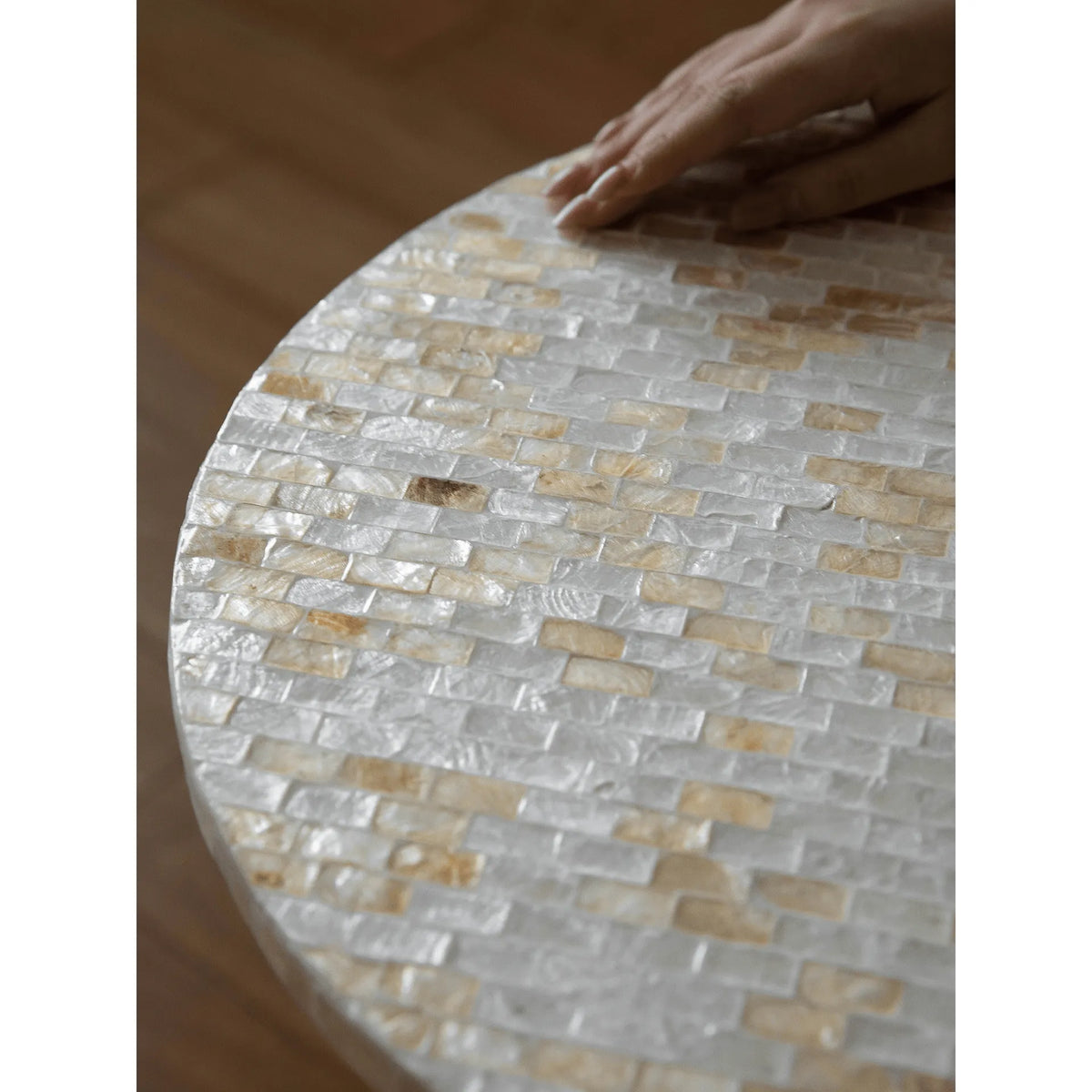 Sculptural Mother of Pearl Side Table With Hand-Laid Mosaic Glow