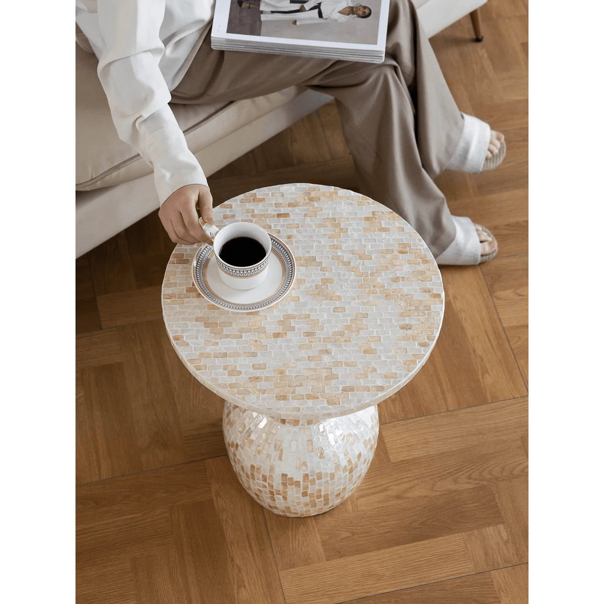 Sculptural Mother of Pearl Side Table With Hand-Laid Mosaic Glow