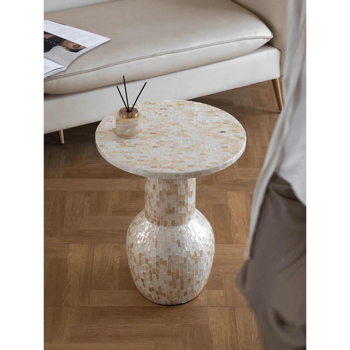 Sculptural Mother of Pearl Side Table With Hand-Laid Mosaic Glow