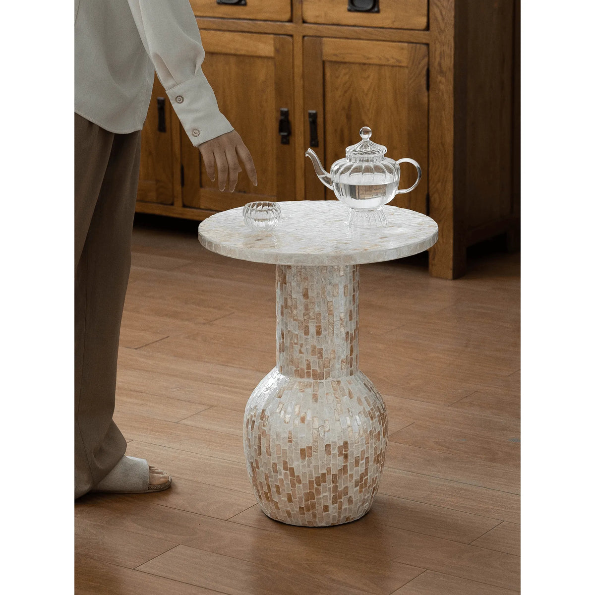 Sculptural Mother of Pearl Side Table With Hand-Laid Mosaic Glow Main Product Image