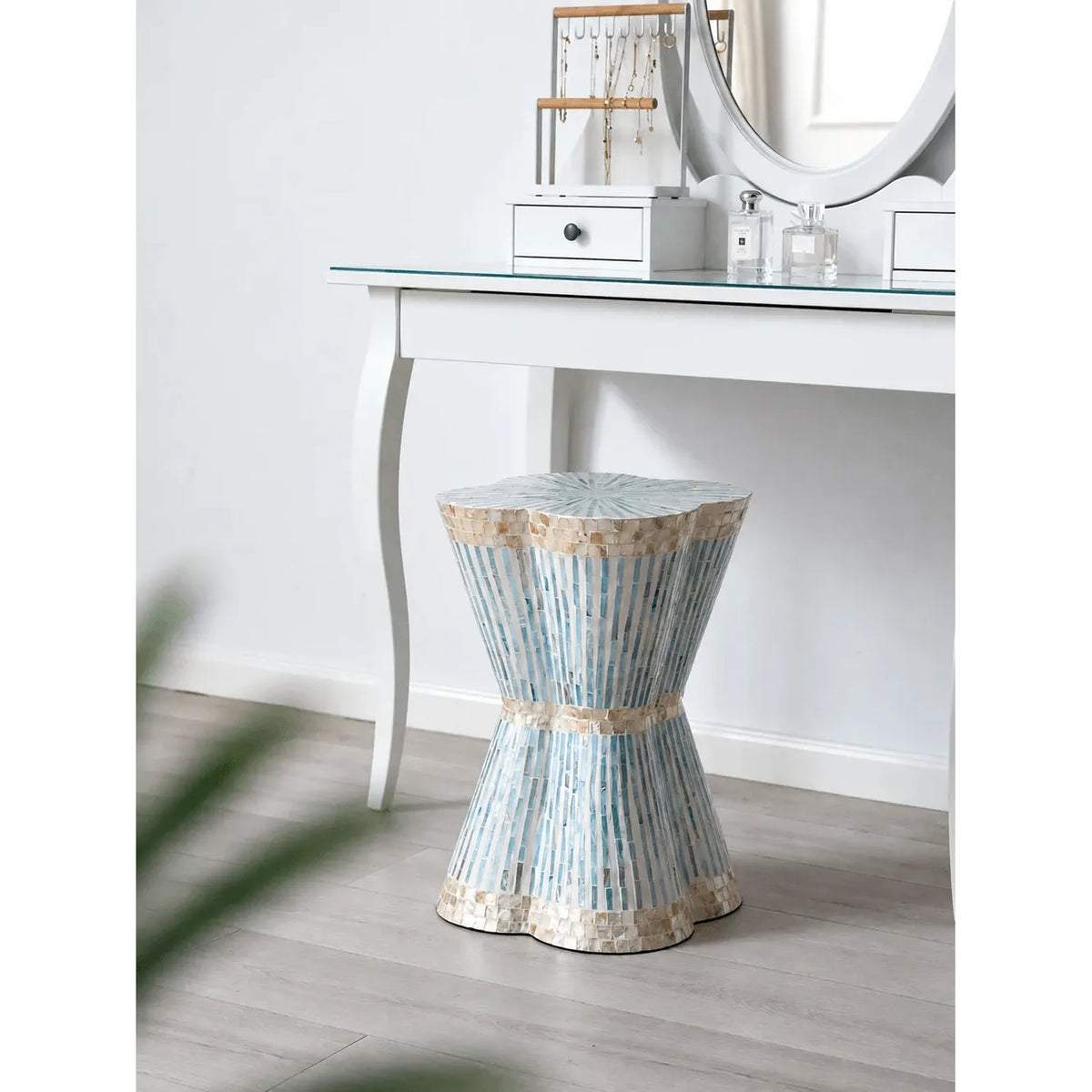 Sculptural Mother of Pearl Side Table with Handlaid Shell Mosaic