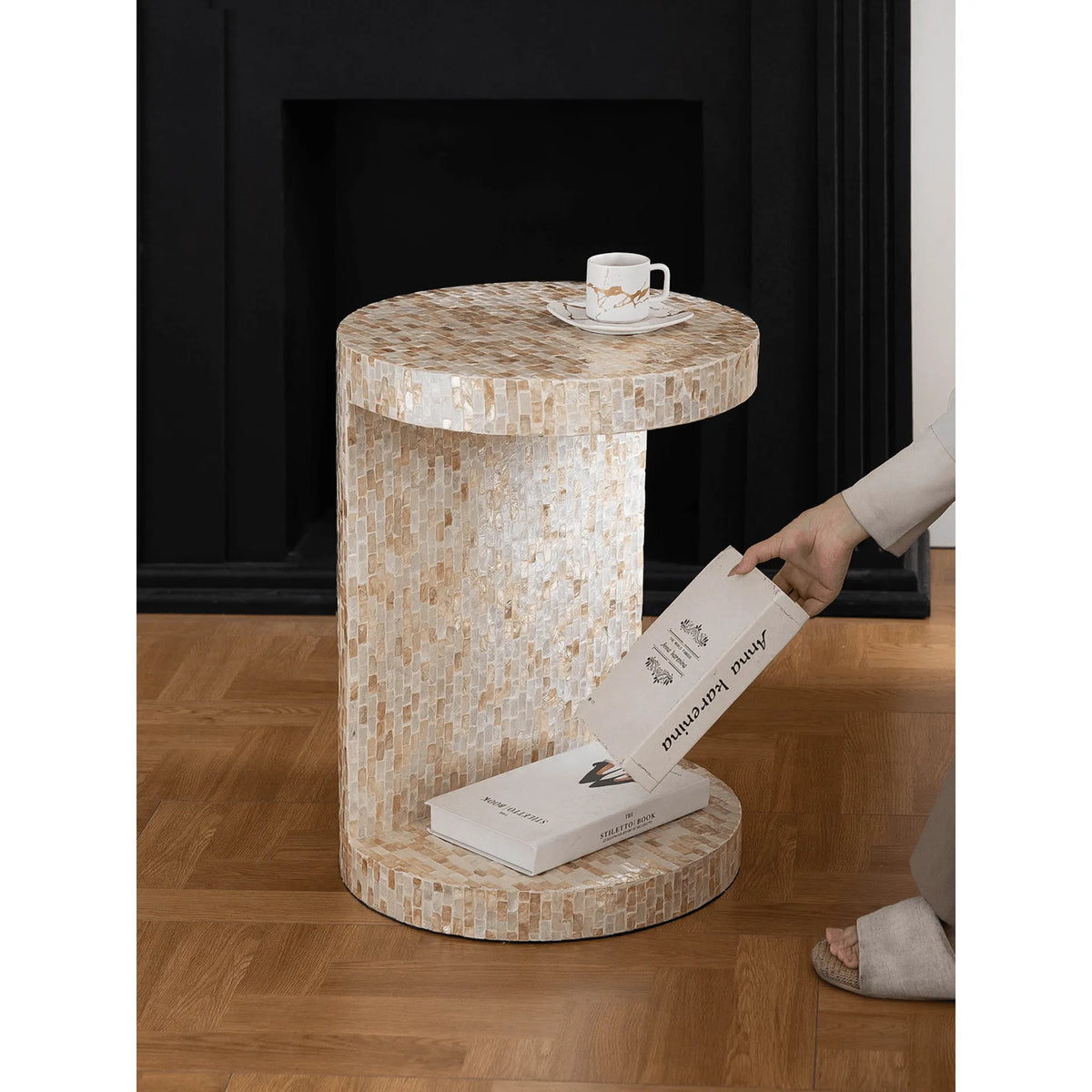 Sculptural Mother of Pearl Side Table With Open Storage Niche