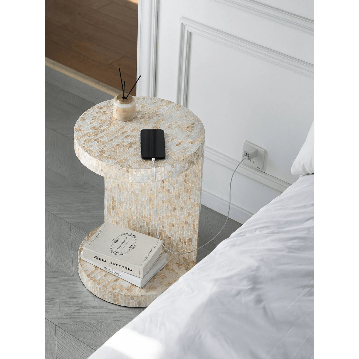Sculptural Mother of Pearl Side Table With Open Storage Niche