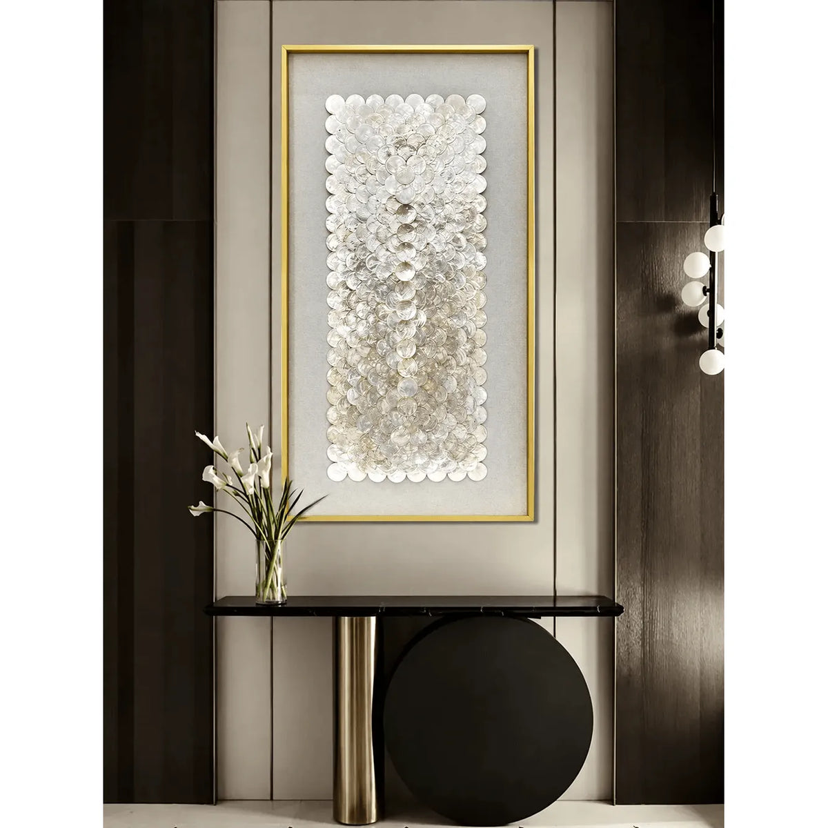 Sculptural Mother of Pearl Wall Art with Gold Frame for Entryway