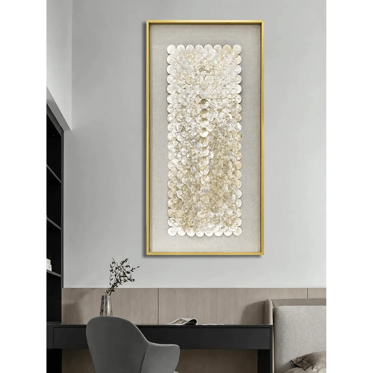 Sculptural Mother of Pearl Wall Art with Gold Frame for Entryway