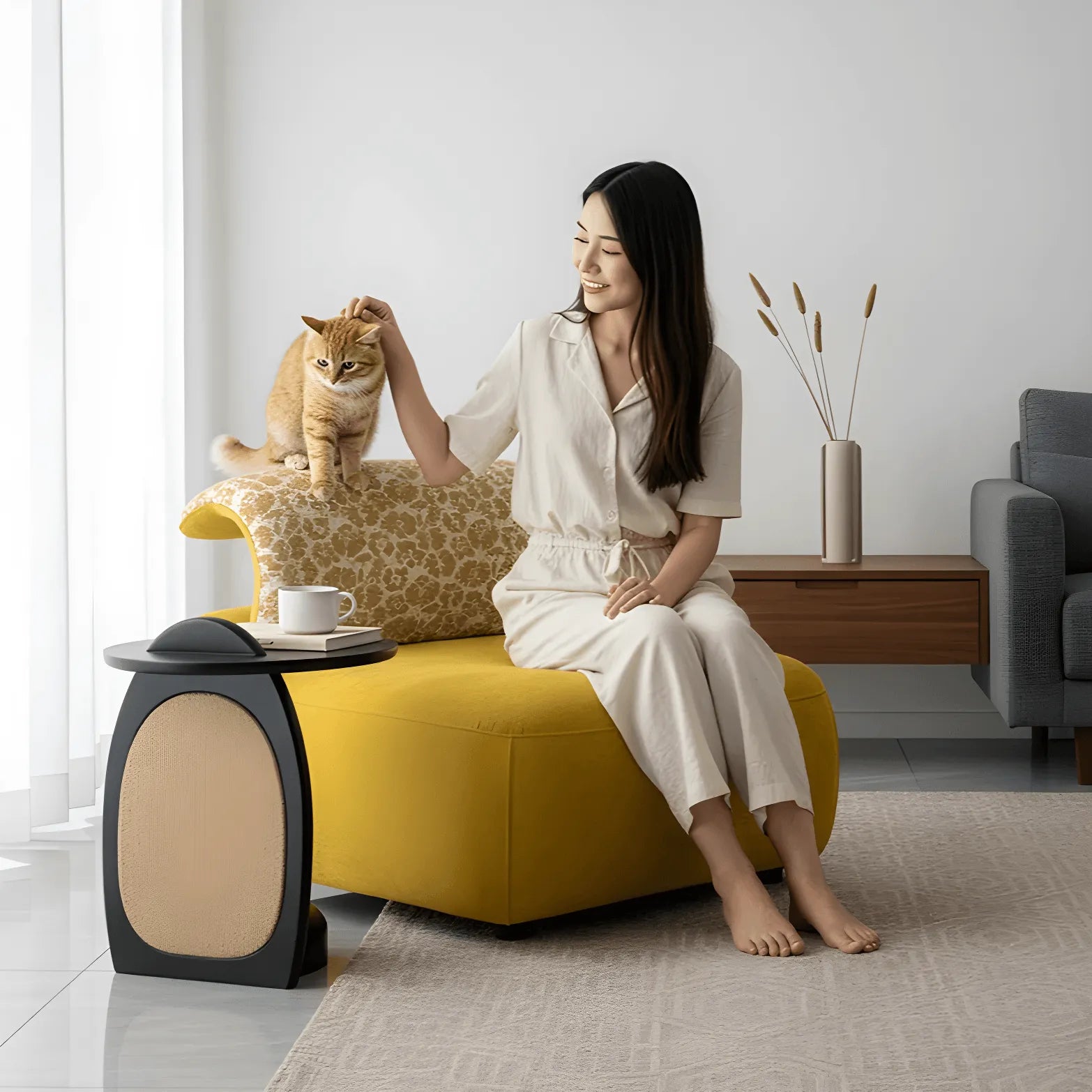 Sculptural Multifunctional Pet-Friendly Accent Chair with Arched Cat Nook