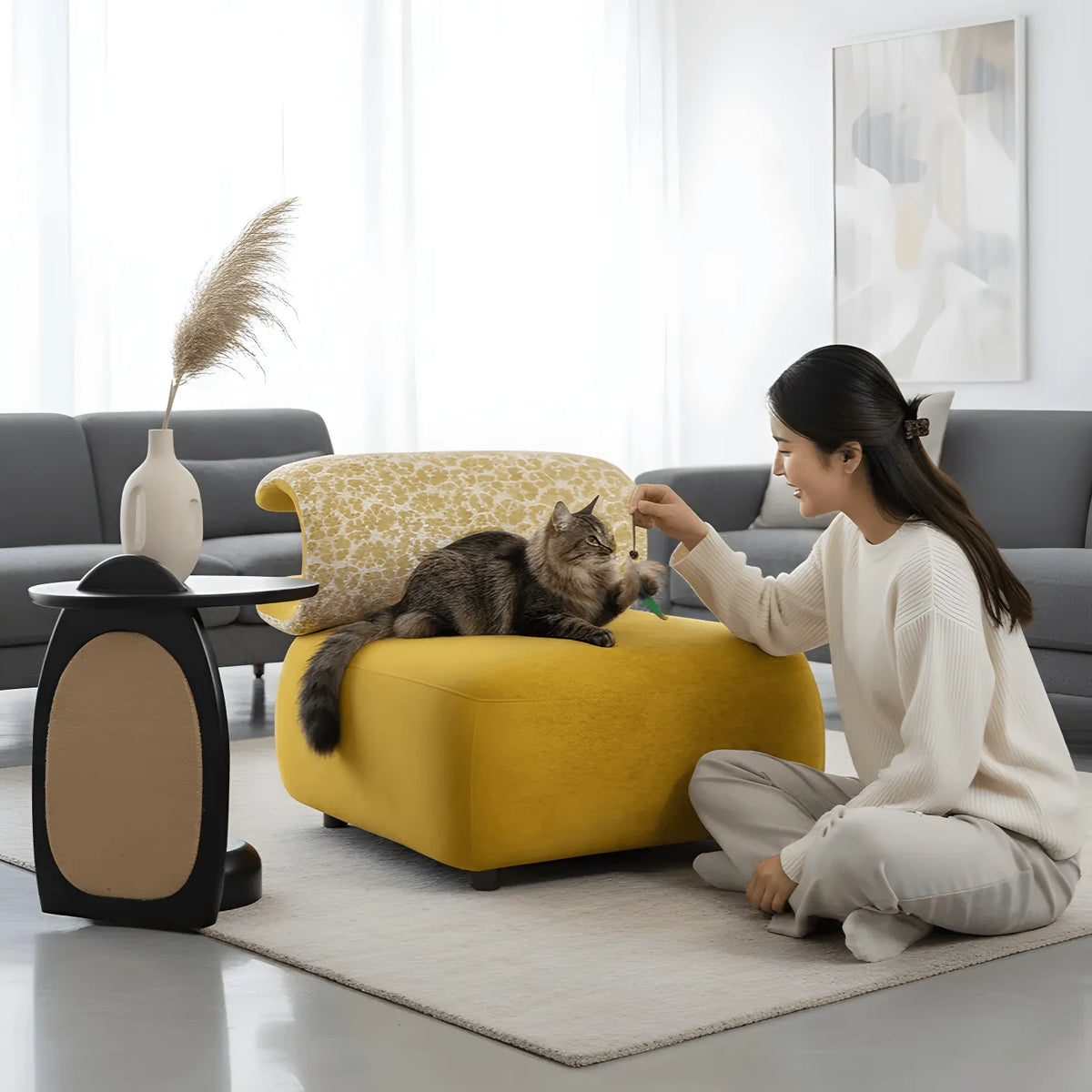 Sculptural Multifunctional Pet-Friendly Accent Chair with Arched Cat Nook