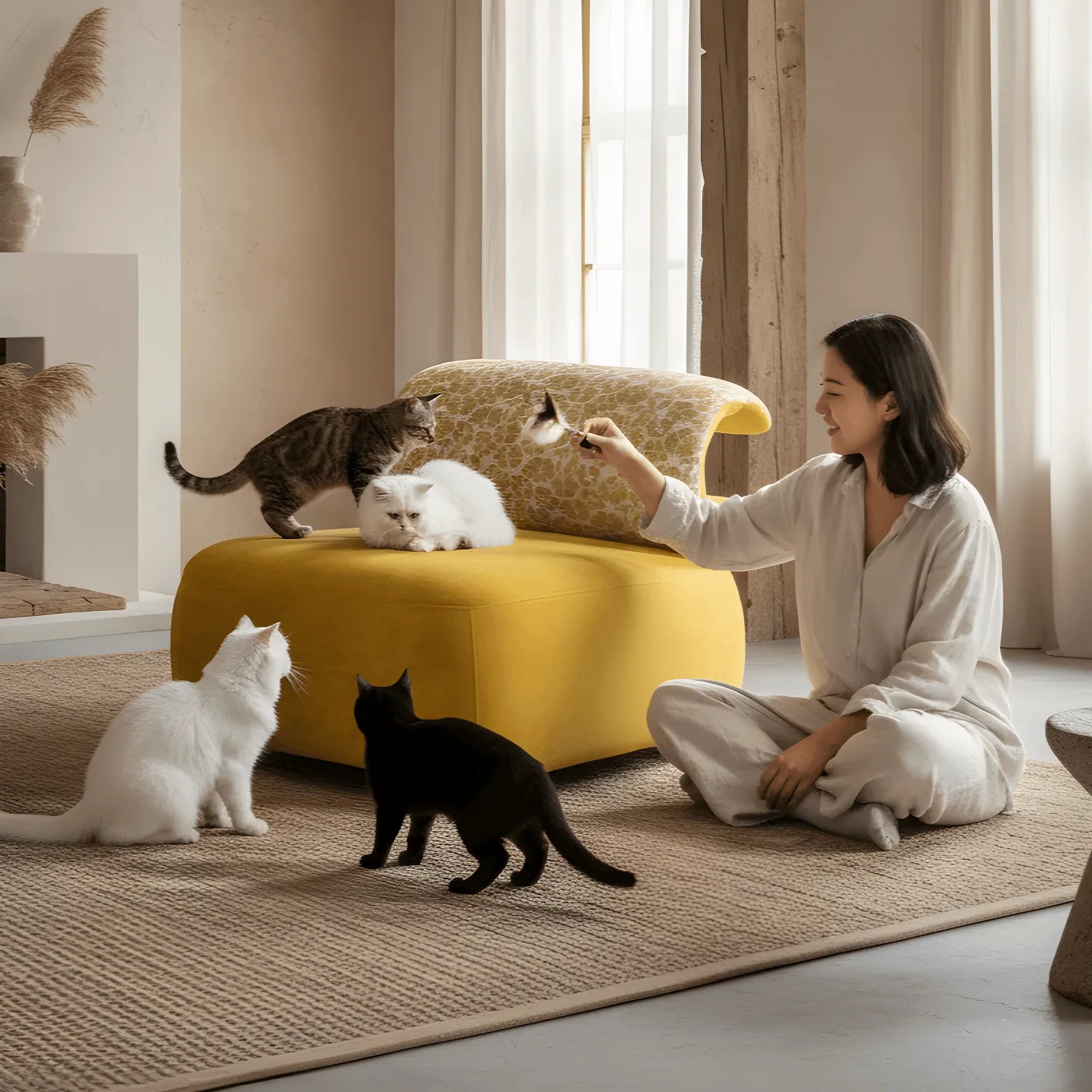 Sculptural Multifunctional Pet-Friendly Accent Chair with Arched Cat Nook