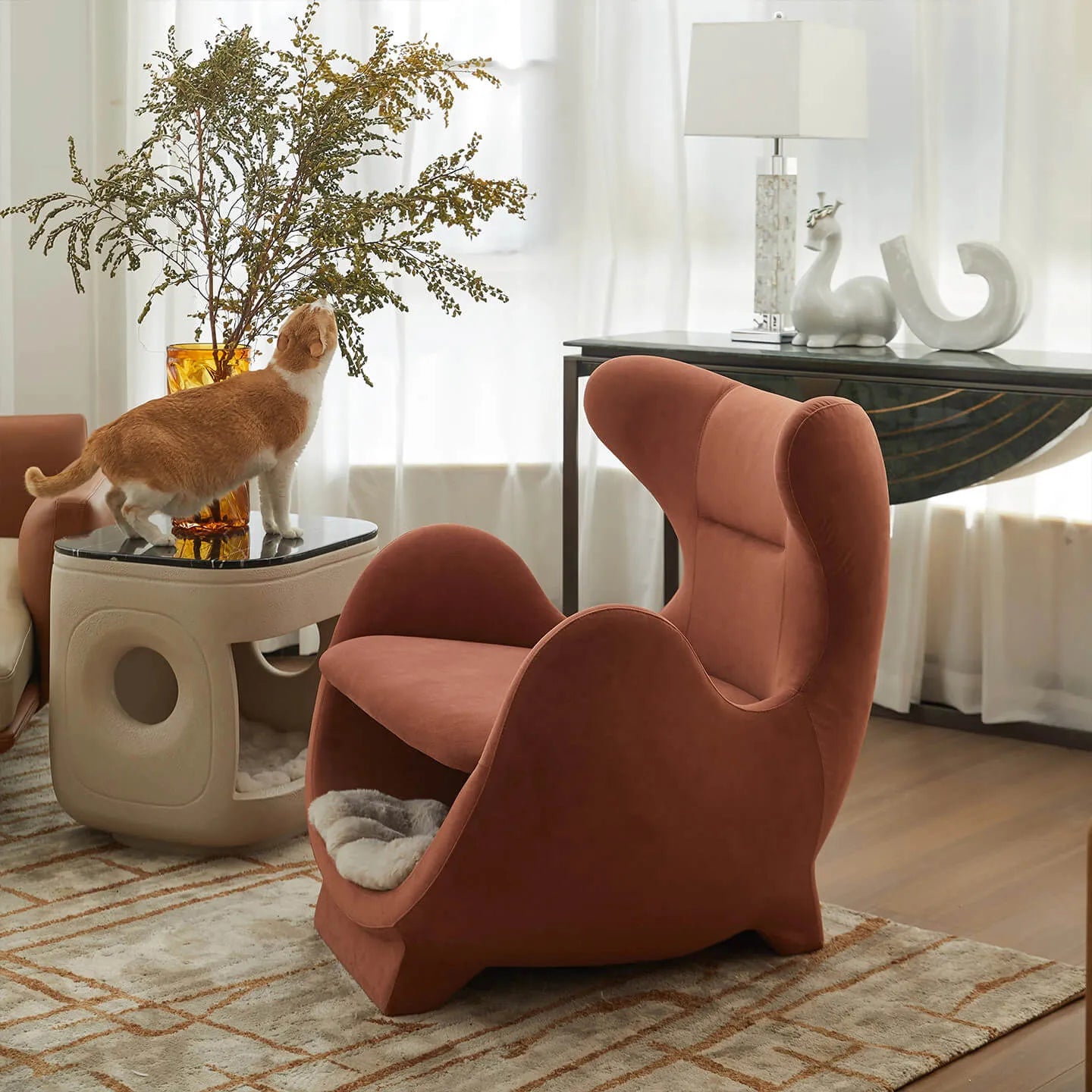 Sculptural Multifunctional Pet-Friendly Accent Chair With Cozy Built-In Pet Nook Main Product Image