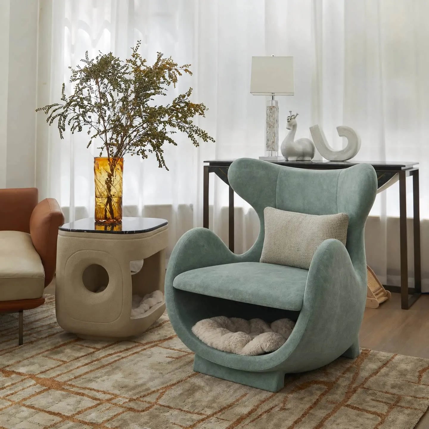 Sculptural Multifunctional Pet-Friendly Accent Chair With Cozy Built-In Pet Nook