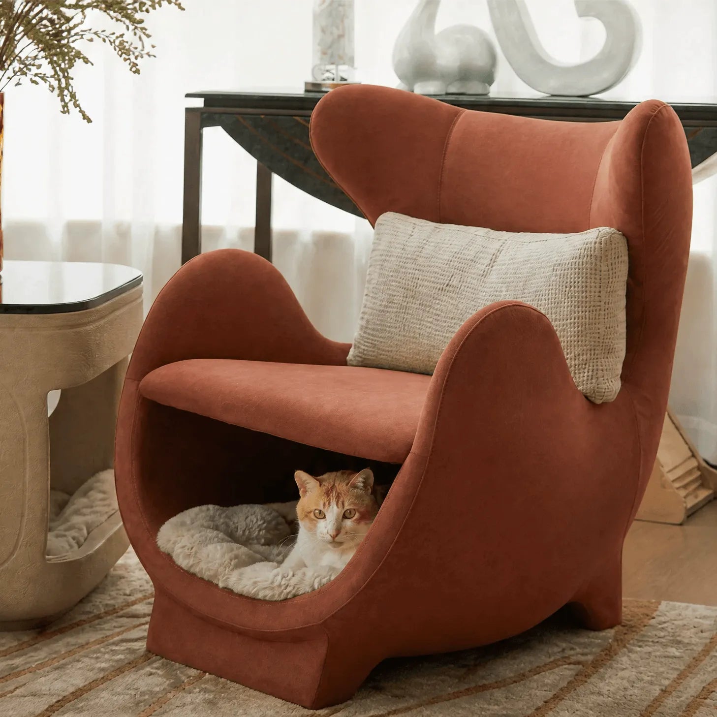 Sculptural Multifunctional Pet-Friendly Accent Chair With Cozy Built-In Pet Nook