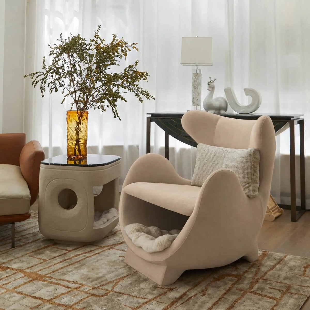 Sculptural Multifunctional Pet-Friendly Accent Chair With Cozy Built-In Pet Nook