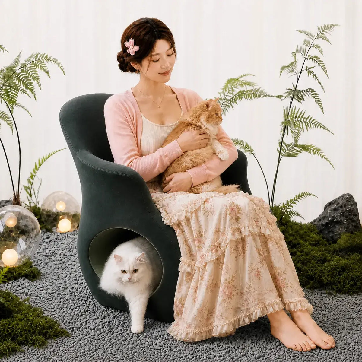 Sculptural Multifunctional Pet-Friendly Accent Chair with Cozy Cat Nook