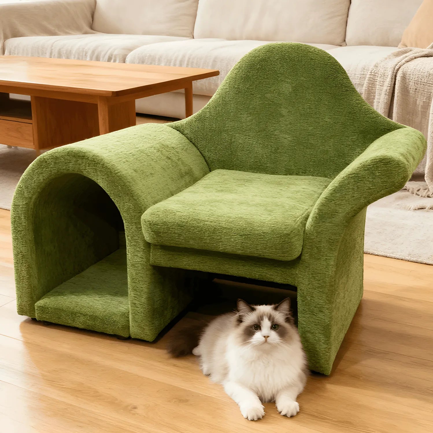 Sculptural Multifunctional Pet-Friendly Sofa with Arched Nook and Plush Comfort