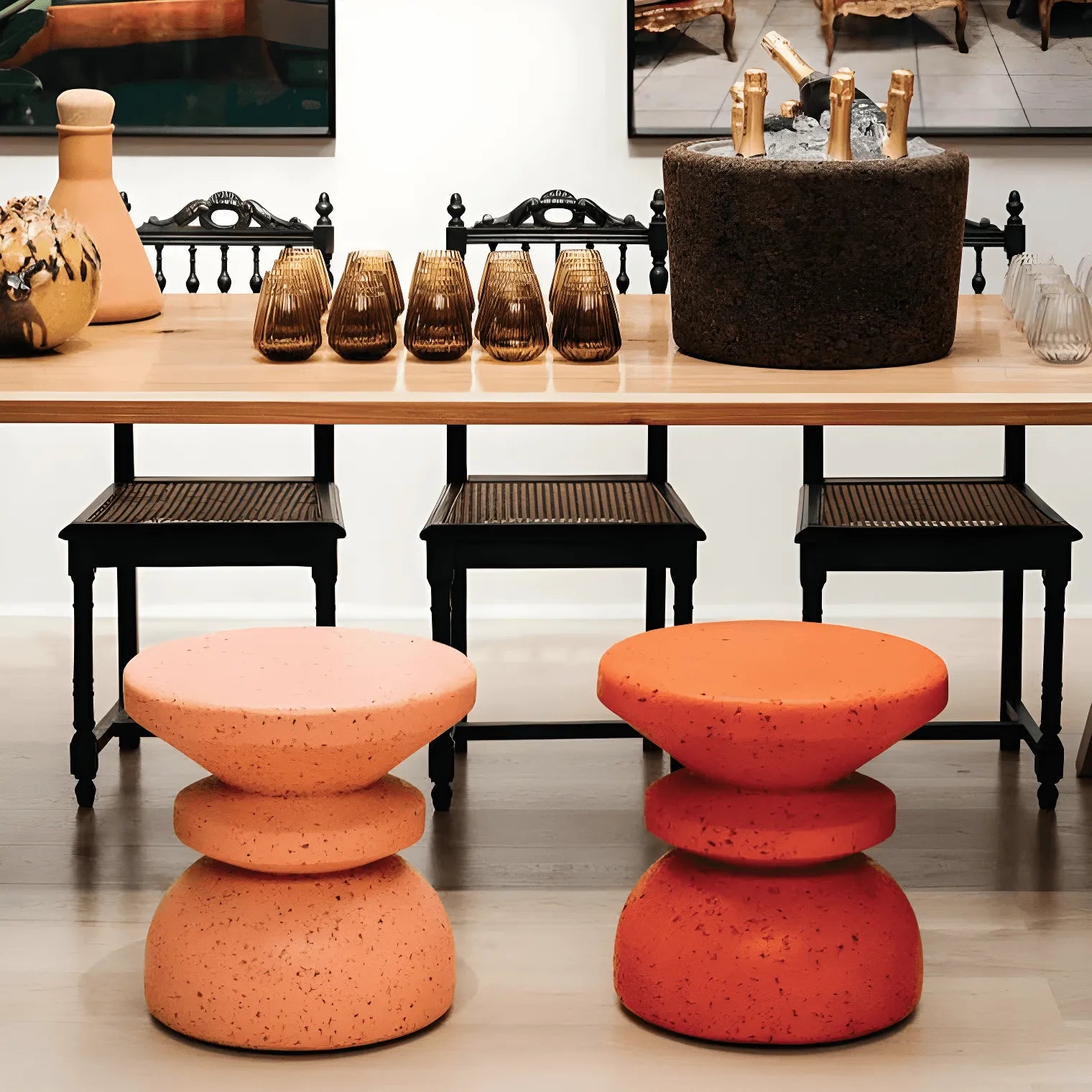Sculptural Natural Cork Stool and Cork Side Table Series for Wabi-Sabi Interiors