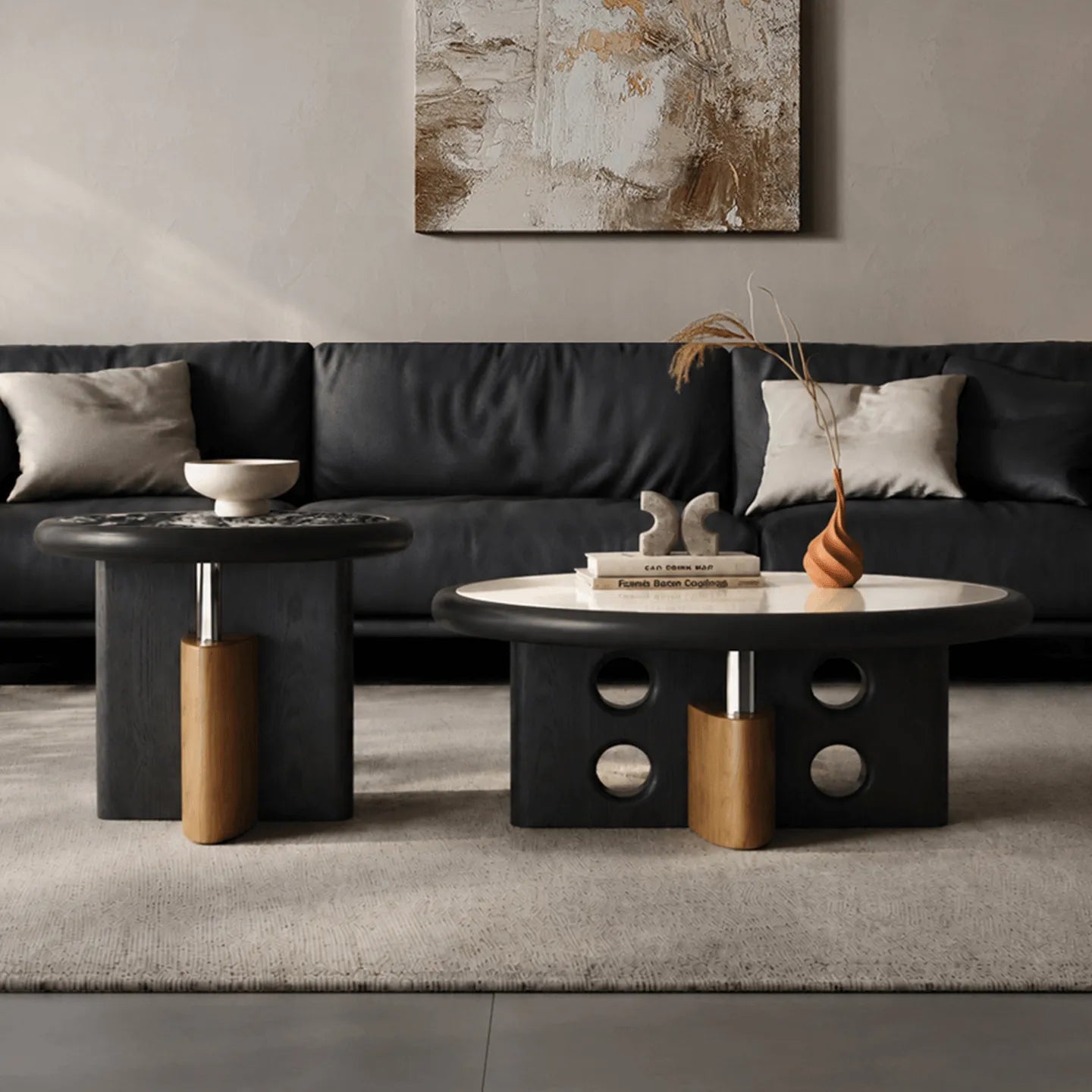 Skulpturales verschachteltes Kaffeehaus-Set mit Sinterstein und geometrischer Basis Zweitbild