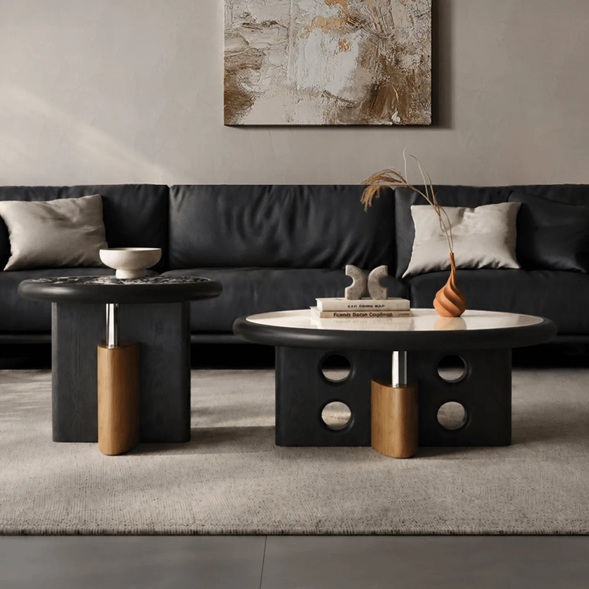 Sculptural Nested Coffee Table Set with Sintered Stone and Geometric Base