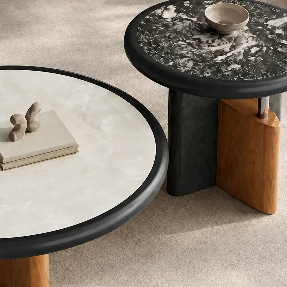 Sculptural Nested Coffee Table Set with Sintered Stone and Geometric Base