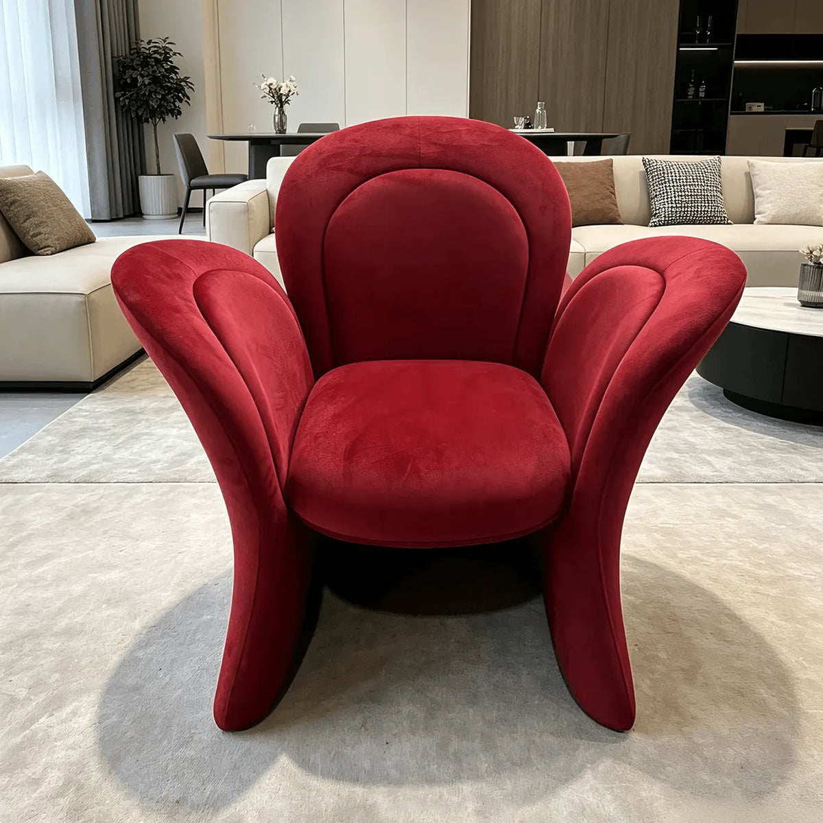 Sculptural Petal Accent Chair in Matte Suede for Lounge and Balcony