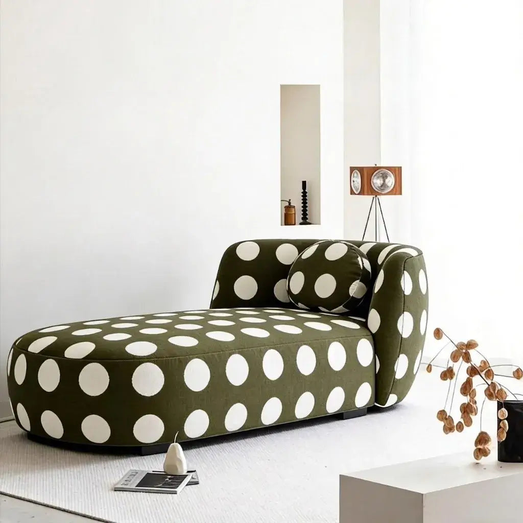 Sculptural Polka Dot Chaise Lounge in Retro Olive for Artistic Living Spaces Main Product Image Image principale du produit