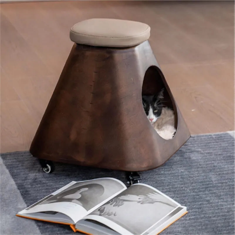 Sculptural Rolling Cat Cube Bed With Padded Top And Cozy Hideaway